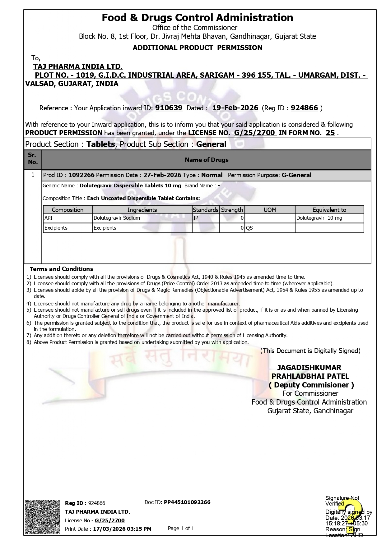 FDA Manufacturing License - TAPIVIR DT 10
